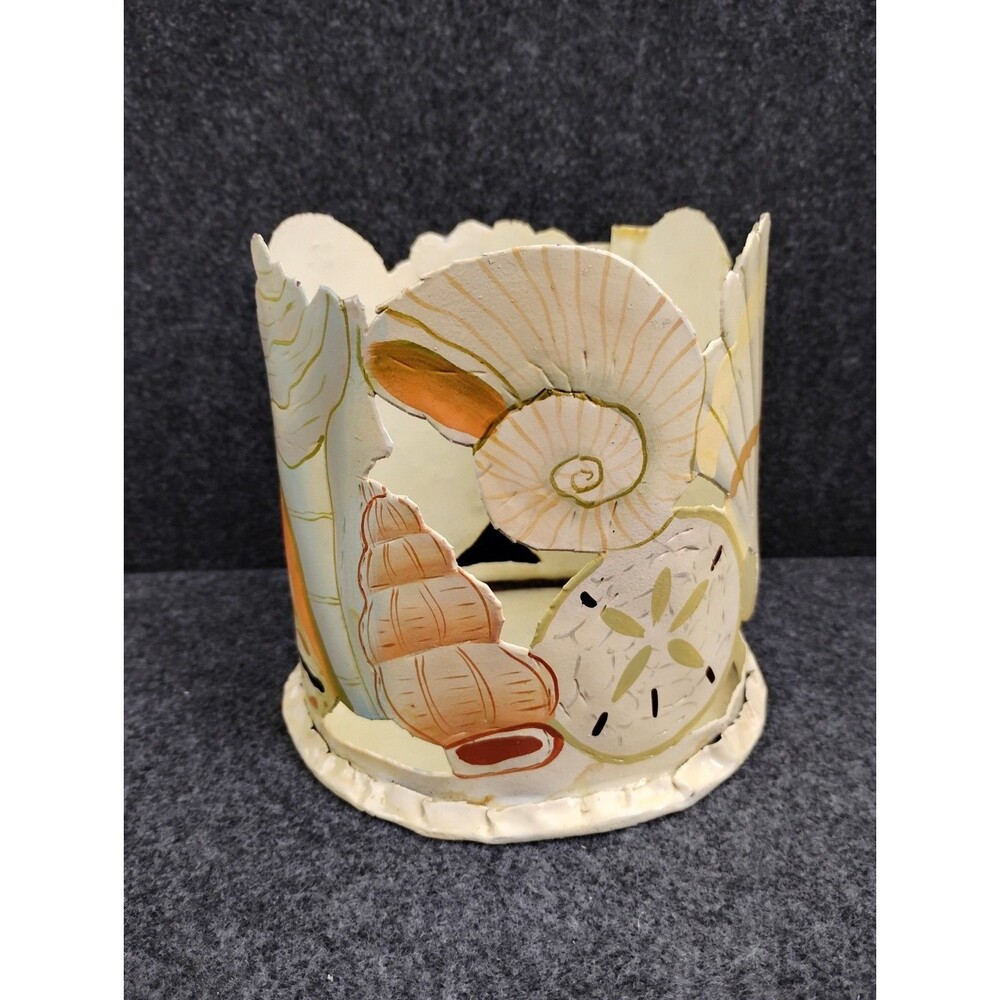 Vintage Coastal Seashell Motif Handmade Metal Candle Holder Artist Signed 5"Diam